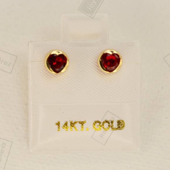 Elegant 14K Solid Gold Heart Earrings with Red Zirconia • 5mm Round Silhouette. - Picture 1 of 7